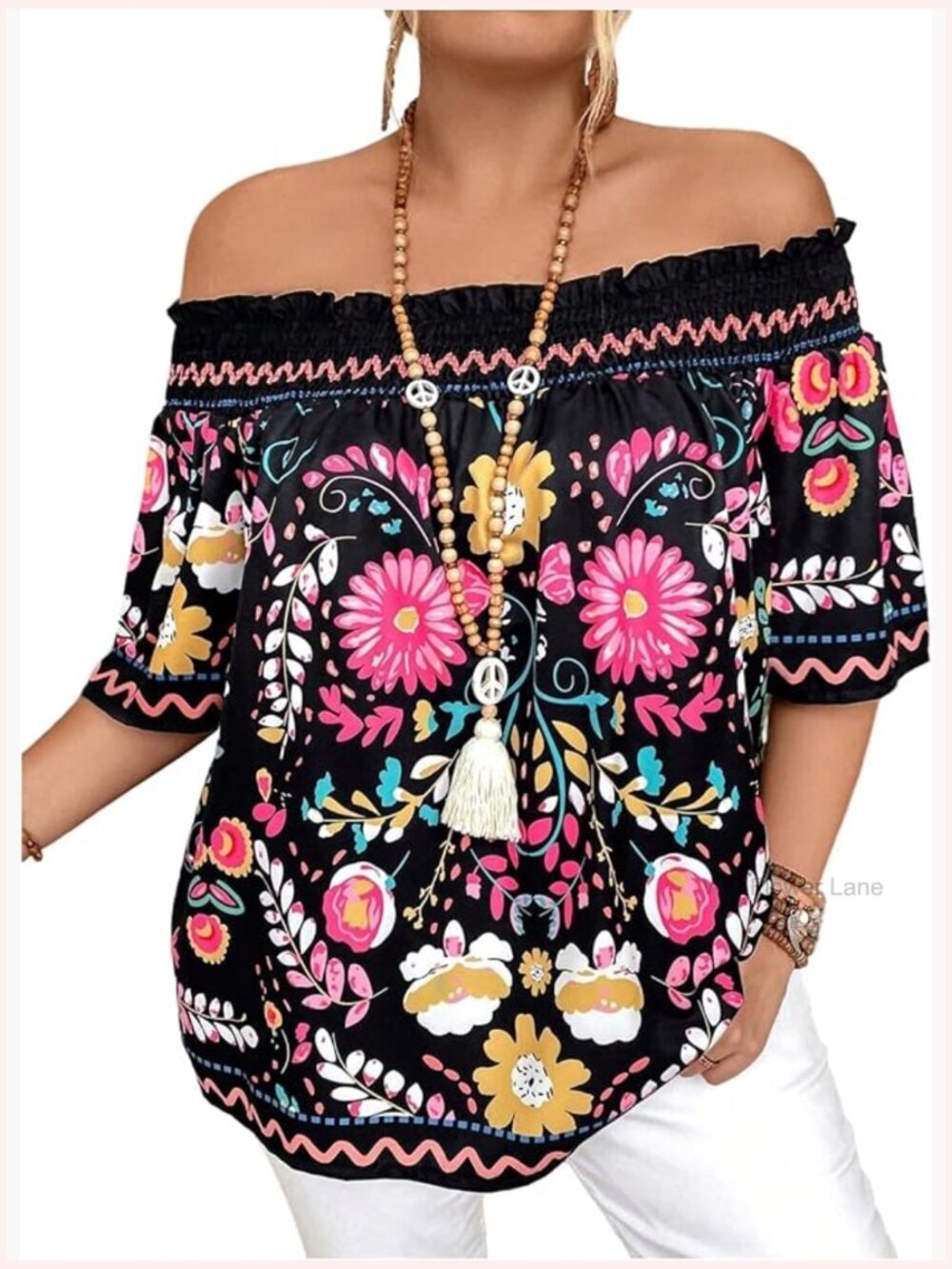 Plus Size Off The Shoulder Floral Blouse Boho Half Sleeve Casual Top